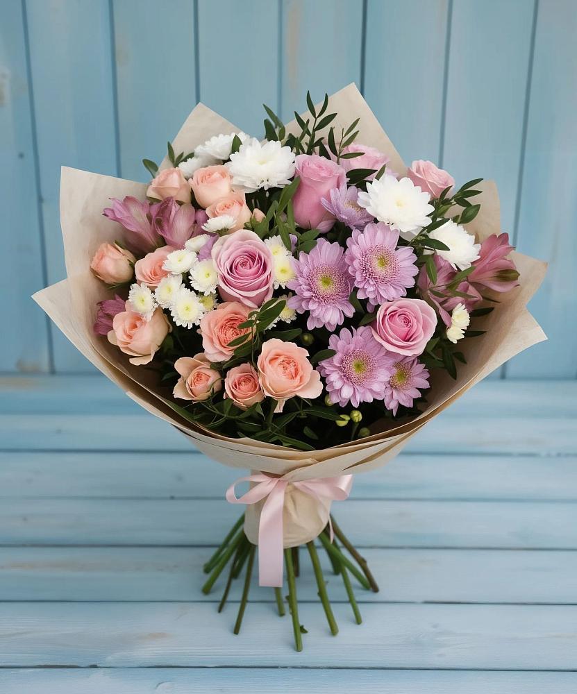 Букет цветов из: Хризантемы, Розы и Альстромерии в Стройкерамика