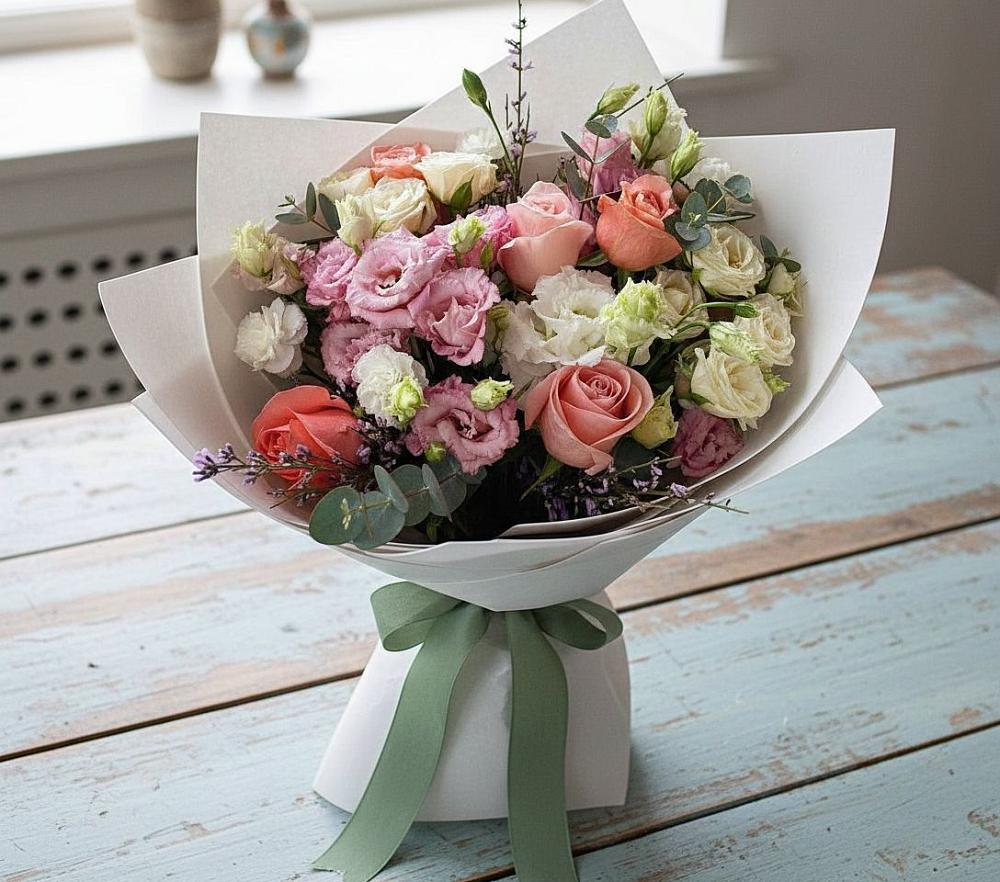 Букет цветов из: Розы, Лизиантусы и Гвоздики в Стройкерамика