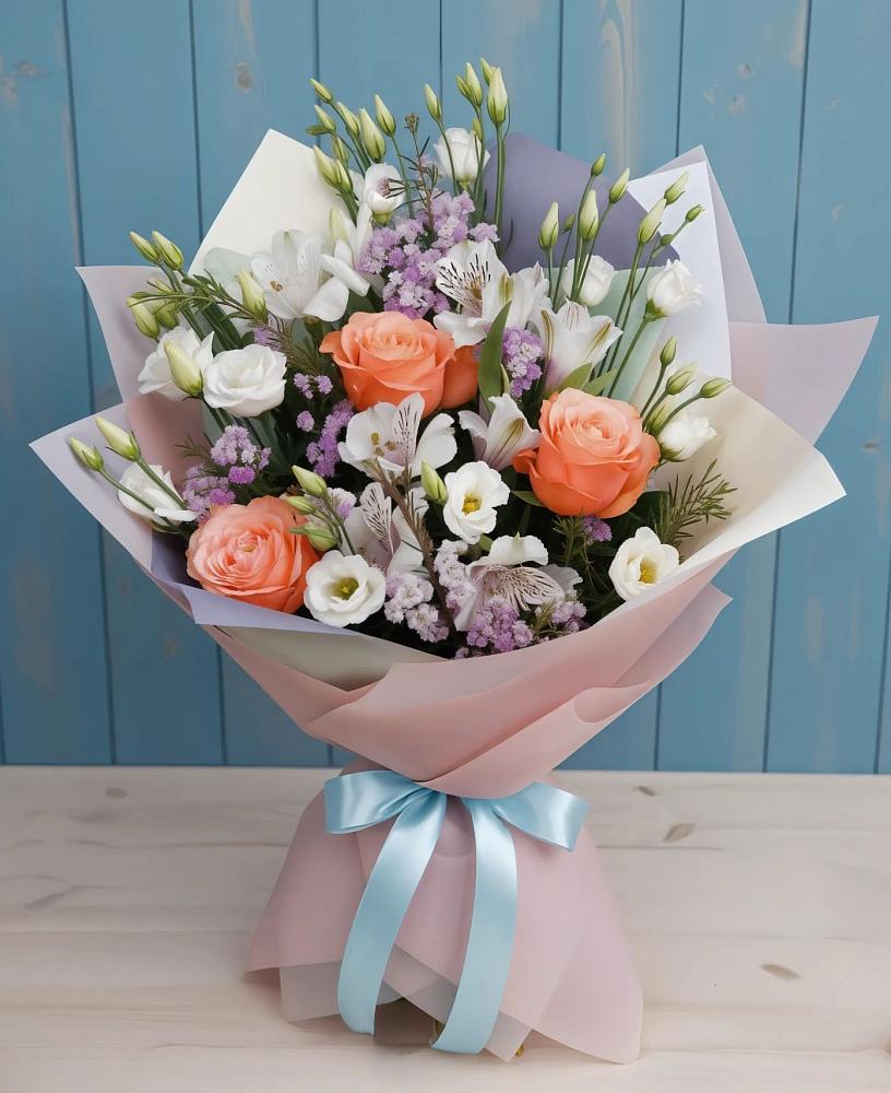 Букет цветов из: Лизиантусы, Розы, Альстромерии и Гипсофила в Стройкерамика