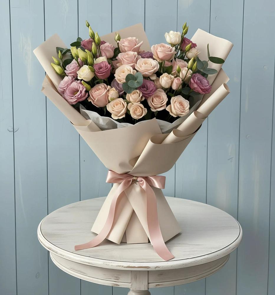 Букет цветов из: Розы и Лизиантусы в Стройкерамика