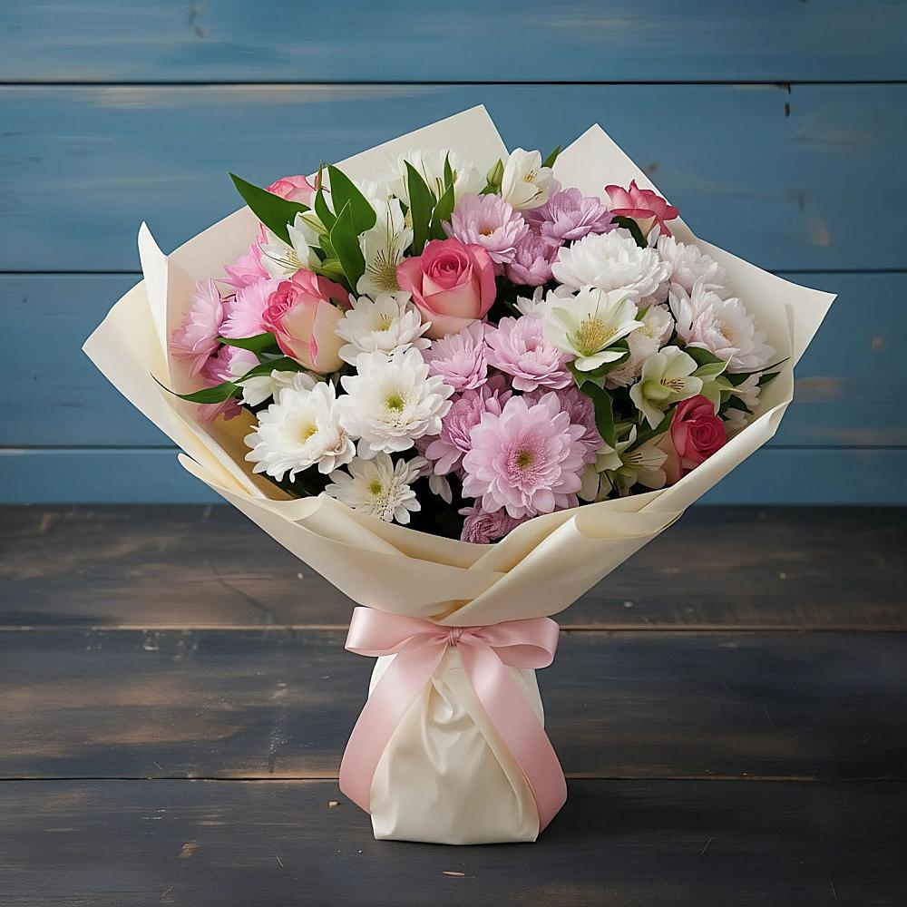 Букет цветов из: Хризантемы, Альстромерии и Розы в Стройкерамика